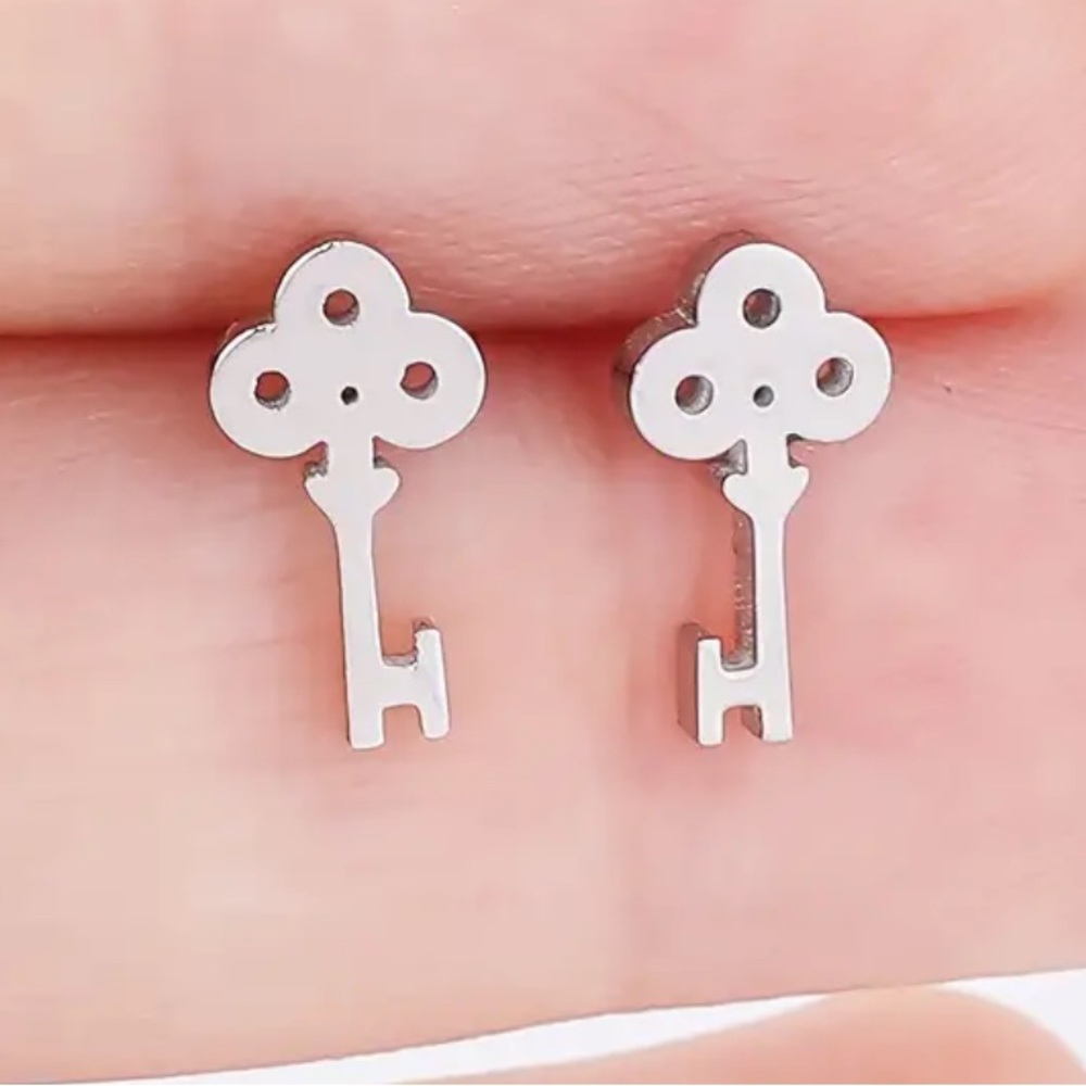 Mini Stainless Steel Silver Key Stud Earrings